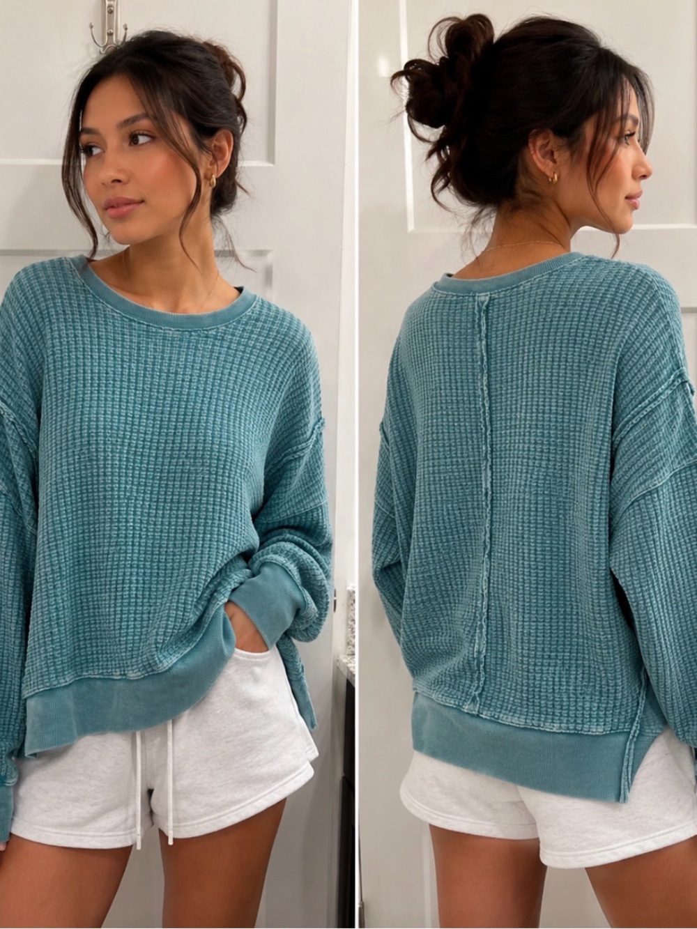 Easel Oversized Waffle Knit Sweater - Teal